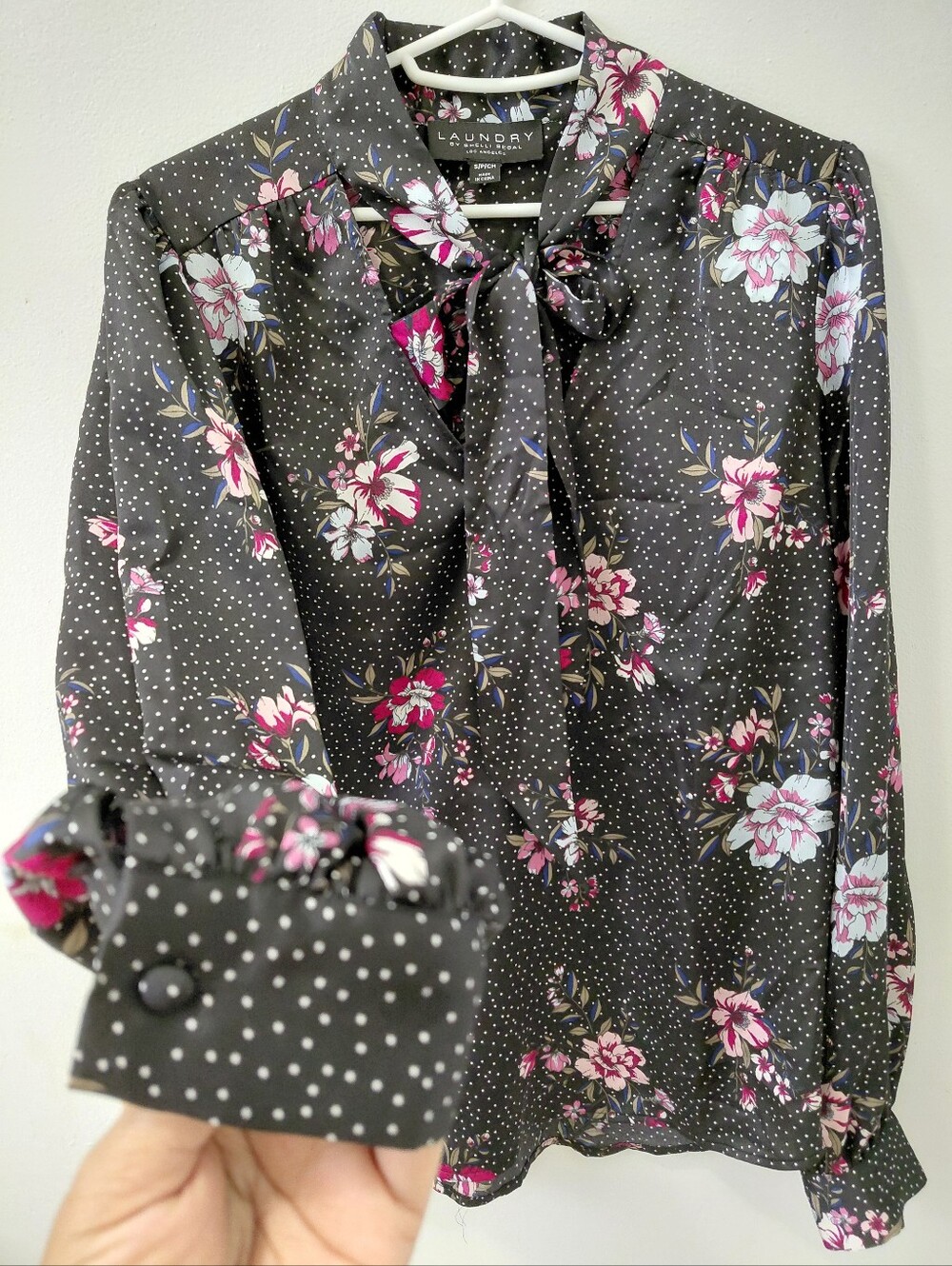 Laundry By Shelli Segal Black Floral Polka Dot Bow Tie Blouse Size S